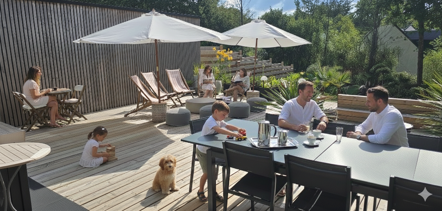une famille groupe profitant du soleil sur la terrasse