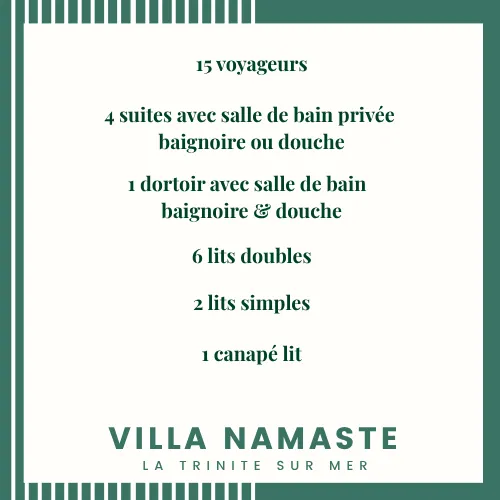 La villa peut accueillir jusqu’à 15 voyageurs, avec des espaces généreux et confortables, parfaitement adaptés aux séjours en famille ou entre amis.