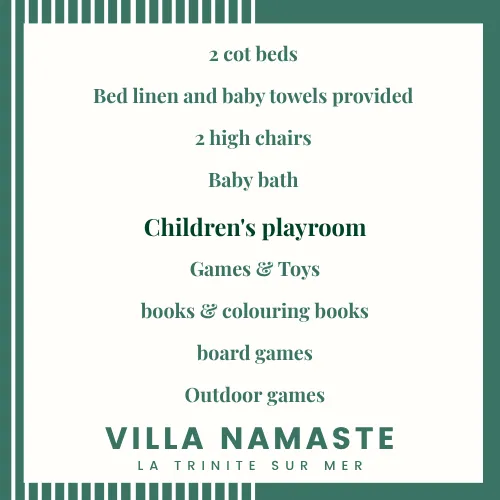 Villa Namaste chidren - cot beds, high chairs, baby bath, playroom, games and toys