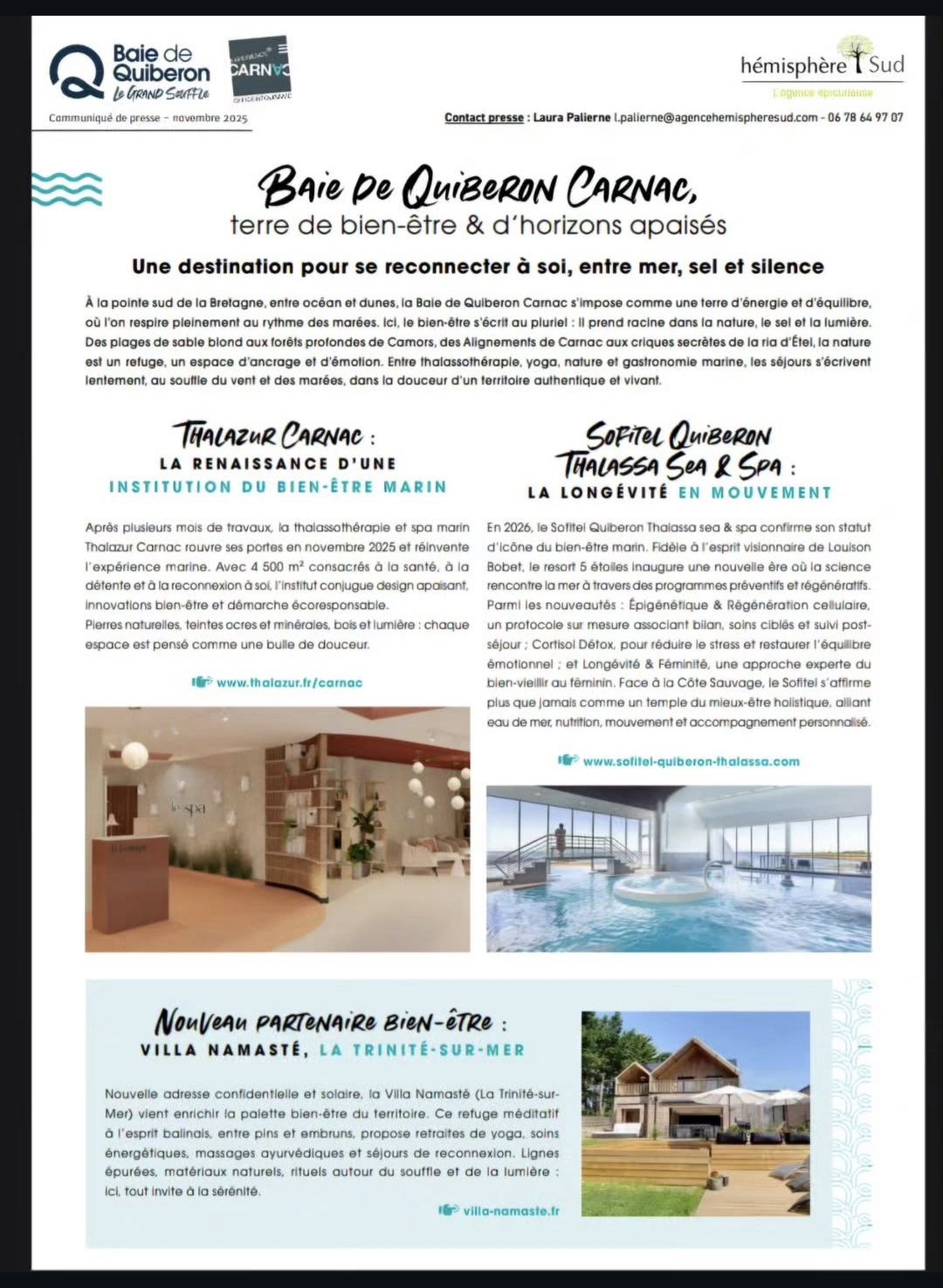 Villa Namasté, nouvelle adresse bien-être en Baie de Quiberon – CarnacLa Villa Namasté mise à l&rsquo;honneur parmi les acteurs du bien-être de la destinationLa Villa Namasté, à La Trinité-sur-Mer, est heureuse de rejoindre les partenaires bien-être mis en lumière par Baie de Quiberon – Carnac Grand Site, aux côtés de lieux emblématiques tels que Thalazur Carnac et le Sofitel Quiberon Thalassa Sea & Spa.Une belle reconnaissance pour notre maison, pensée dès son origine comme un lieu où l&rsquo;on vient autant pour séjourner que pour ralentir, se retrouver et profiter pleinement de la Bretagne Sud.La Baie de Quiberon – Carnac, une destination dédiée au bien-êtreEntre océan, plages, dunes, pins et lumière changeante, la Baie de Quiberon et Carnac possède naturellement tous les ingrédients d&rsquo;un séjour ressourçant.Ici, le bien-être se vit sous de multiples formes : thalassothérapie, spa, yoga, massages, activités en pleine nature, sorties en mer, gastronomie et moments de détente face aux paysages du Morbihan.C&rsquo;est dans cet environnement privilégié que s&rsquo;inscrit la Villa Namasté à La Trinité-sur-Mer.Une villa pensée comme une parenthèse de bien-êtreÀ quelques minutes de Carnac et du port de La Trinité-sur-Mer, la Villa Namasté offre une atmosphère chaleureuse et dépaysante, inspirée par l&rsquo;esprit balinais.Les volumes généreux, les matières naturelles, la lumière et les espaces ouverts sur l&rsquo;extérieur ont été imaginés pour créer une maison où l&rsquo;on se sent immédiatement ailleurs.La Villa dispose notamment d&rsquo;un spa 7 places, d&rsquo;un hammam, de vastes espaces de vie et de terrasses permettant de profiter pleinement des beaux jours. La future piscine viendra encore enrichir cette expérience de détente.Que l&rsquo;on séjourne en famille, entre amis ou à l&rsquo;occasion d&rsquo;une parenthèse dédiée au bien-être, chacun peut y composer son séjour à son rythme.Yoga, massages et expériences bien-être à la Villa NamastéParce que le luxe réside aussi dans les expériences que l&rsquo;on partage, nous proposons à nos hôtes différentes prestations, organisées avec des professionnels locaux.Selon les envies, un séjour à la Villa Namasté peut ainsi être agrémenté de séances de yoga, de massages et soins bien-être, de coaching, de sophrologie ou encore d&rsquo;expériences en mer.Ces prestations peuvent être organisées directement à la villa ou auprès de nos partenaires afin de créer un séjour entièrement personnalisé.Et parce que le bien-être passe également par les plaisirs de la table, nos hôtes peuvent compléter leur séjour avec nos petits-déjeuners, brunchs et plateaux de fruits de mer.Se reconnecter, entre terre et merLe communiqué consacré à la destination résume parfaitement l&rsquo;esprit que nous souhaitons transmettre : une invitation à se reconnecter à soi, « entre mer, sel et silence ».À la Villa Namasté, cette philosophie prend tout son sens : prendre le temps d&rsquo;un petit-déjeuner sur la terrasse, profiter du spa, partager une séance de yoga, partir en paddle, découvrir les plages de Carnac ou simplement ne rien prévoir.Une autre manière de vivre la Bretagne Sud.Une belle reconnaissance pour la Villa NamastéNous sommes particulièrement heureux de voir la Villa Namasté citée comme nouvelle adresse partenaire bien-être de la Baie de Quiberon – Carnac.Cette mise en lumière conforte le positionnement que nous développons pour la maison : proposer bien plus qu&rsquo;une location de vacances, en créant une véritable expérience de séjour haut de gamme à La Trinité-sur-Mer, autour du bien-être, du partage et de l&rsquo;art de vivre en Bretagne Sud.Une parenthèse de bonheur à la Villa Namasté.